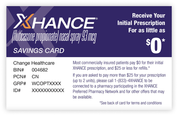 Graphic of XHANCE SAVINGS CARD. Receive Your Initial Prescription For as Little as $0*. *See back of card for terms and conditions