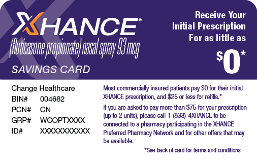 Graphic of XHANCE SAVINGS CARD. Receive Your Initial Prescription For as Little as $0*. *See back of card for terms and conditions