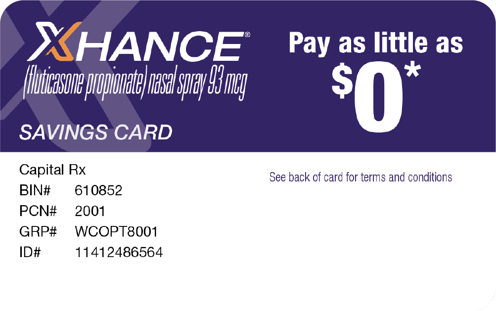 Graphic of XHANCE SAVINGS CARD. Receive Your Initial Prescription For as Little as $0*. *See back of card for terms and conditions